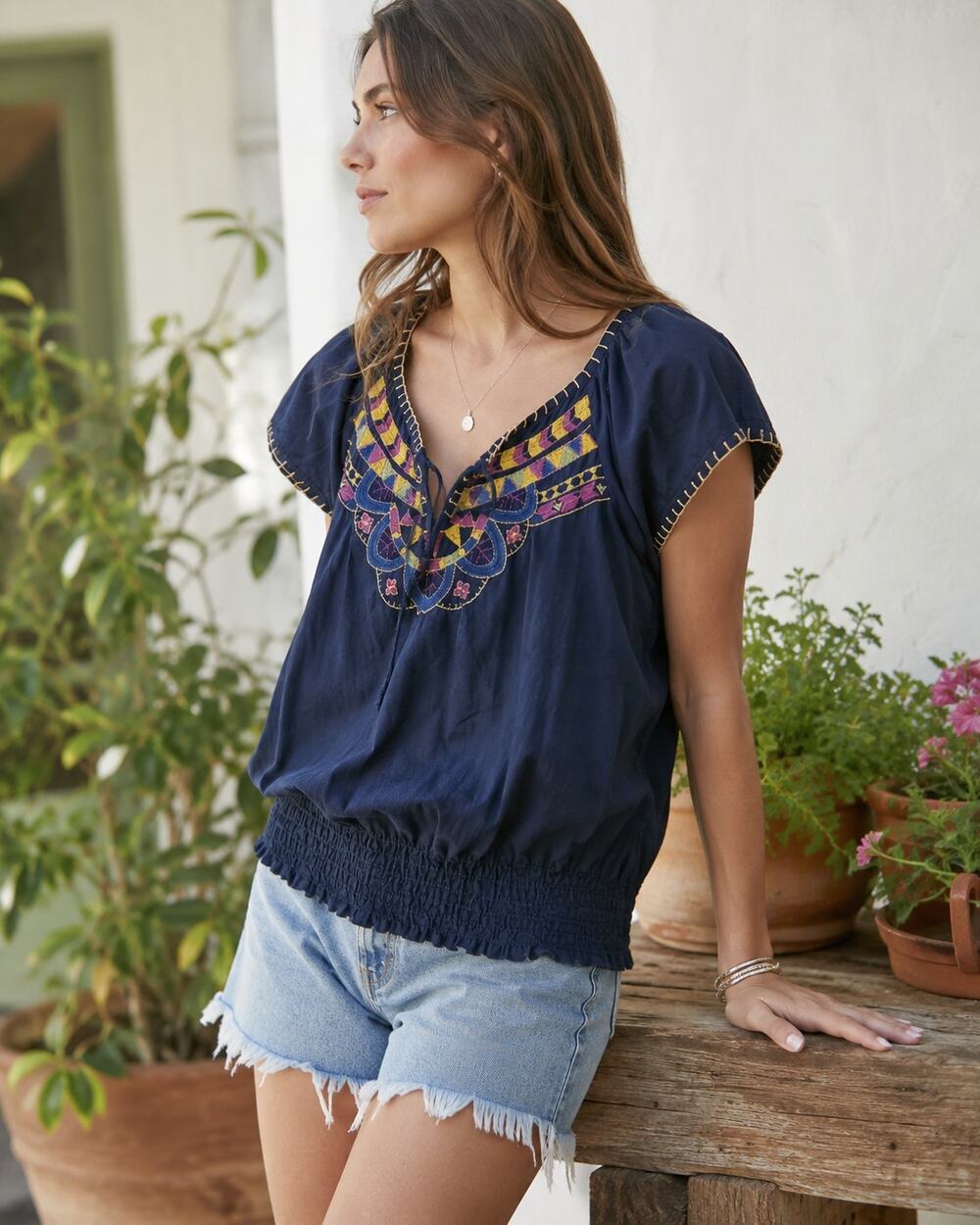 Magazine Navy Embroidered Short Sleeve Popover Cotton Top S Festival Indie Boho